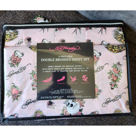 Ed Hardy 6-Piece King Brushed Sheet Set Pink Tattoo-Inspired Design Tiger Skull - Picture 2 of 4